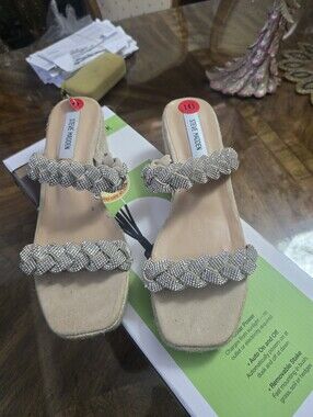 Steve Madden Beige Crystal Braided Double-Strap Heeled Slides